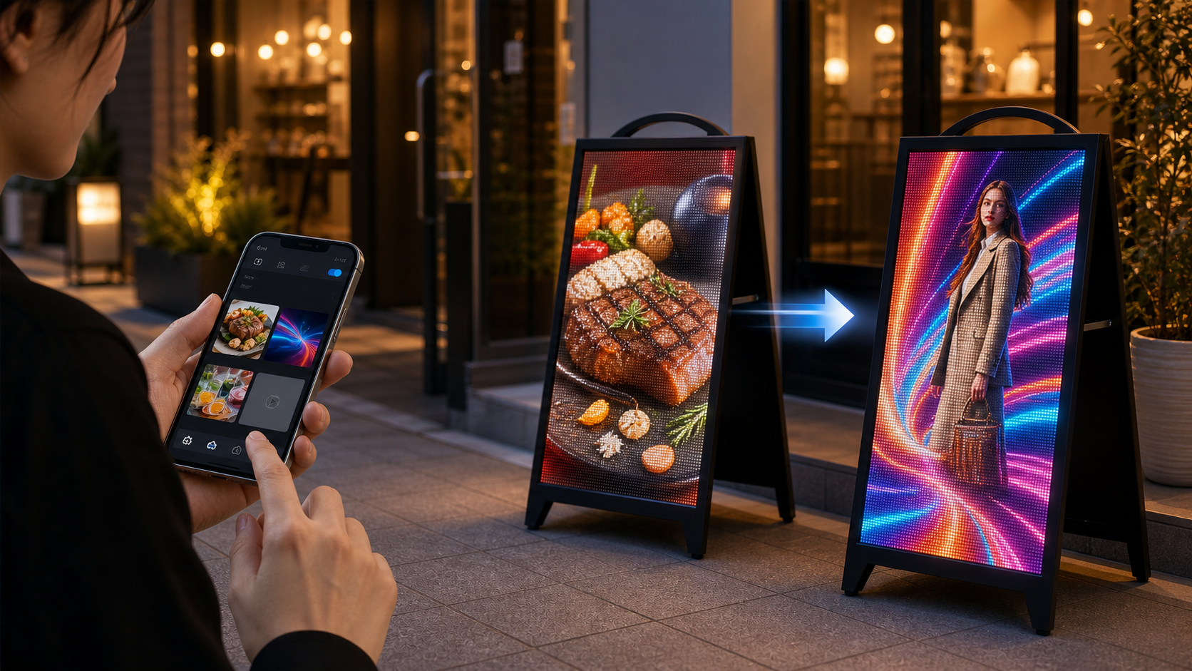 スマートフォンからLEDサイネージの映像を切り替える様子